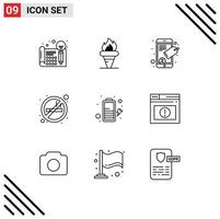 User Interface Pack of 9 Basic Outlines of battery no smoking holding no seo tag Editable Vector Design Elements