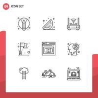 9 User Interface Outline Pack of modern Signs and Symbols of html code network business success Editable Vector Design Elements