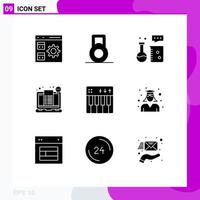 9 User Interface Solid Glyph Pack of modern Signs and Symbols of event ticket chemistry laboratory shopping checkout Editable Vector Design Elements