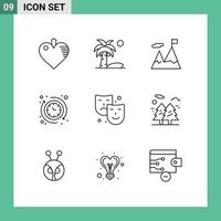 Pack of 9 Modern Outlines Signs and Symbols for Web Print Media such as arts mask business the clock Editable Vector Design Elements