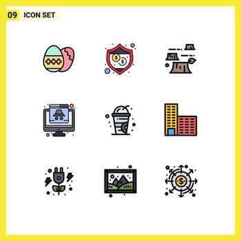 9 Universal Filledline Flat Color Signs Symbols of drink hacker deforestation data crime Editable Vector Design Elements