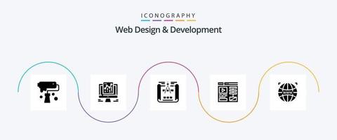 web diseño y desarrollo glifo 5 5 icono paquete incluso vídeo . datos . bosquejo. Plano vector
