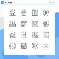 Pictogram Set of 16 Simple Outlines of event cake present tools construction Editable Vector Design Elements