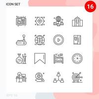 Mobile Interface Outline Set of 16 Pictograms of joy pad interface globe office building Editable Vector Design Elements