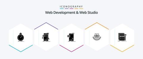 Web Development And Web Studio 25 Glyph icon pack including site. ui. message. instant vector