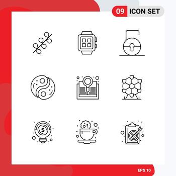 9 Universal Outline Signs Symbols of yin unity watch taoism security Editable Vector Design Elements