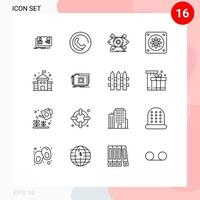 Pack of 16 Modern Outlines Signs and Symbols for Web Print Media such as school building design fan tools Editable Vector Design Elements