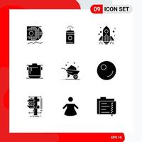 Set of 9 Vector Solid Glyphs on Grid for wheel barrow spaceship cook kitchen Editable Vector Design Elements