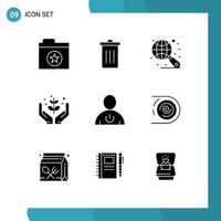 Solid Glyph Pack of 9 Universal Symbols of body nature globe give farming Editable Vector Design Elements