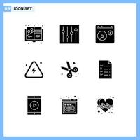 Pack of 9 Modern Solid Glyphs Signs and Symbols for Web Print Media such as back to school highly contact fire combustible Editable Vector Design Elements