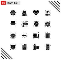 Pack of 16 Modern Solid Glyphs Signs and Symbols for Web Print Media such as box home love furniture research Editable Vector Design Elements