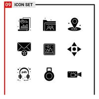 Pack of 9 Modern Solid Glyphs Signs and Symbols for Web Print Media such as picture interior location image message Editable Vector Design Elements