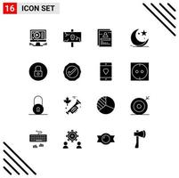 Modern Set of 16 Solid Glyphs Pictograph of celebration moon party cresent student Editable Vector Design Elements