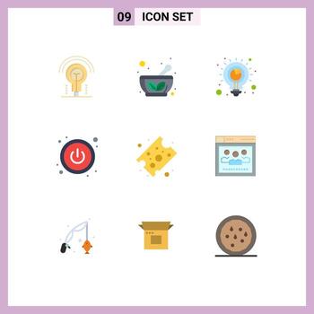 User Interface Pack of 9 Basic Flat Colors of browser food planning cheese power Editable Vector Design Elements