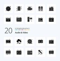 20 Audio And Video Solid Glyph icon Pack like social media play movie reel media cassette tape vector