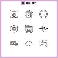 Group of 9 Modern Outlines Set for business data tactics global user Editable Vector Design Elements