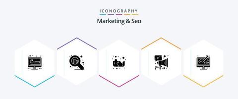 Marketing And Seo 25 Glyph icon pack including seo. marketing. puzzle. analysis. megaphone vector