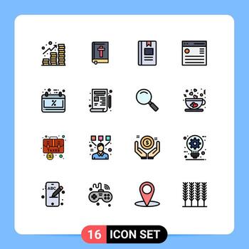 dieciséis universal plano color lleno líneas conjunto para web y móvil aplicaciones usuario interfaz libro hamburguesa leyendo editable creativo vector diseño elementos