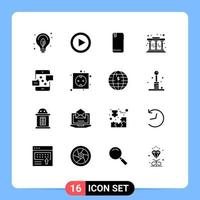 Set of 16 Modern UI Icons Symbols Signs for communication pillars player museum android Editable Vector Design Elements