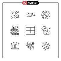 Group of 9 Modern Outlines Set for doller money solar system song note Editable Vector Design Elements