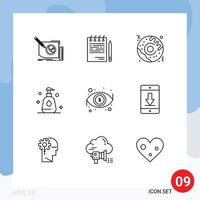 Universal Icon Symbols Group of 9 Modern Outlines of eye clean list spray food Editable Vector Design Elements