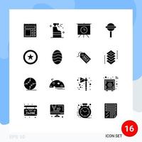 Modern Set of 16 Solid Glyphs Pictograph of baking coin board star chupa Editable Vector Design Elements