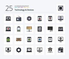 Devices 25 Line Filled icon pack including computer. maps. cpu. location. lock vector