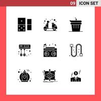 Group of 9 Solid Glyphs Signs and Symbols for heart radio and mixer cook Editable Vector Design Elements