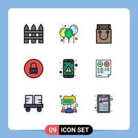 Pictogram Set of 9 Simple Filledline Flat Colors of error multimedia bag media player lock Editable Vector Design Elements