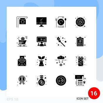 16 Universal Solid Glyphs Set for Web and Mobile Applications cart drink cafe coffee bean Editable Vector Design Elements