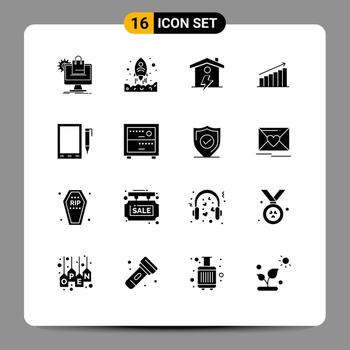 móvil interfaz sólido glifo conjunto de dieciséis pictogramas de grafico analítica arriba gráfico poder editable vector diseño elementos