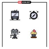 4 User Interface Filledline Flat Color Pack of modern Signs and Symbols of bus hobby camping video cake Editable Vector Design Elements