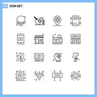 Universal Icon Symbols Group of 16 Modern Outlines of video mobile map room rack Editable Vector Design Elements