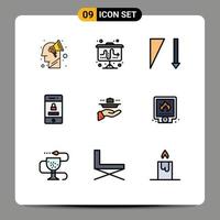 Pack of 9 Modern Filledline Flat Colors Signs and Symbols for Web Print Media such as serve waiter descending technology protection Editable Vector Design Elements