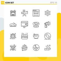 Outline Pack of 16 Universal Symbols of money car health cabriolet setting Editable Vector Design Elements