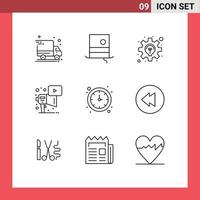 User Interface Pack of 9 Basic Outlines of watch clock idea play marketing Editable Vector Design Elements