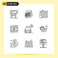 Pack of 9 creative Outlines of car management percentage cash security Editable Vector Design Elements