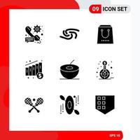 9 Thematic Vector Solid Glyphs and Editable Symbols of coconut chart crypto currency medical package Editable Vector Design Elements
