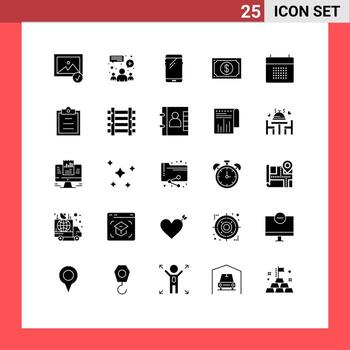 25 Universal Solid Glyphs Set for Web and Mobile Applications appointment watch smart phone payment currency Editable Vector Design Elements