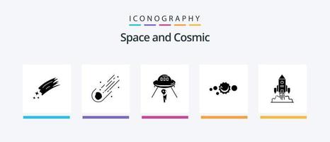 espacio glifo 5 5 icono paquete incluso puesta en marcha. cohete. astronave. astronomía. universo. creativo íconos diseño vector