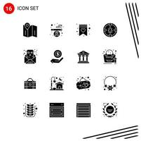 Group of 16 Solid Glyphs Signs and Symbols for conversation chat shopping list security network Editable Vector Design Elements