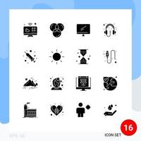 16 Universal Solid Glyphs Set for Web and Mobile Applications headphone computer programing audio imac Editable Vector Design Elements