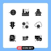 9 Thematic Vector Solid Glyphs and Editable Symbols of cog setting typewriter transport lights Editable Vector Design Elements