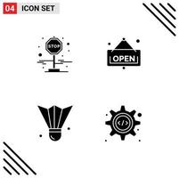 Pack of 4 Modern Solid Glyphs Signs and Symbols for Web Print Media such as board shuttlecock open badminton html Editable Vector Design Elements