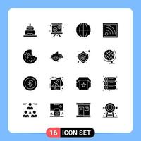 Group of 16 Modern Solid Glyphs Set for building slice globe sausage wifi Editable Vector Design Elements