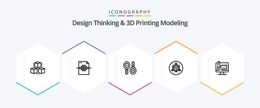 Design Thinking And D Printing Modeling 25 Line icon pack including monitore. computer. research. designd. scale vector