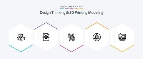 Design Thinking And D Printing Modeling 25 Line icon pack including monitore. computer. research. designd. scale vector