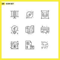 Mobile Interface Outline Set of 9 Pictograms of coupon plant copy layers light bulb Editable Vector Design Elements