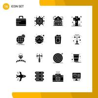 Group of 16 Solid Glyphs Signs and Symbols for globe international building graveyard death Editable Vector Design Elements