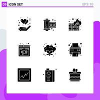 Universal Icon Symbols Group of 9 Modern Solid Glyphs of cauliflower speaker fire sound browser Editable Vector Design Elements